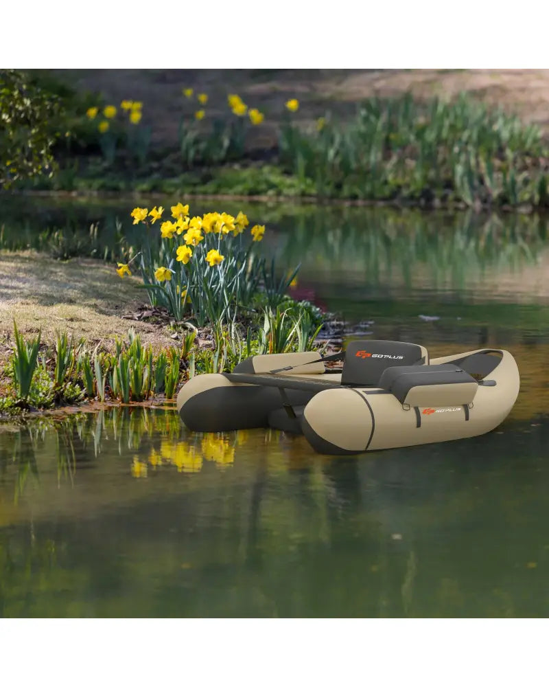 Inflatable Fishing Float Tube with Pump Storage Pockets and Fish Ruler-Beige - Beige - Surfing