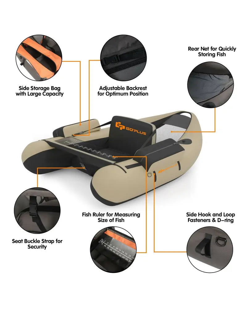 Inflatable Fishing Float Tube with Pump Storage Pockets and Fish Ruler-Beige - Beige - Surfing
