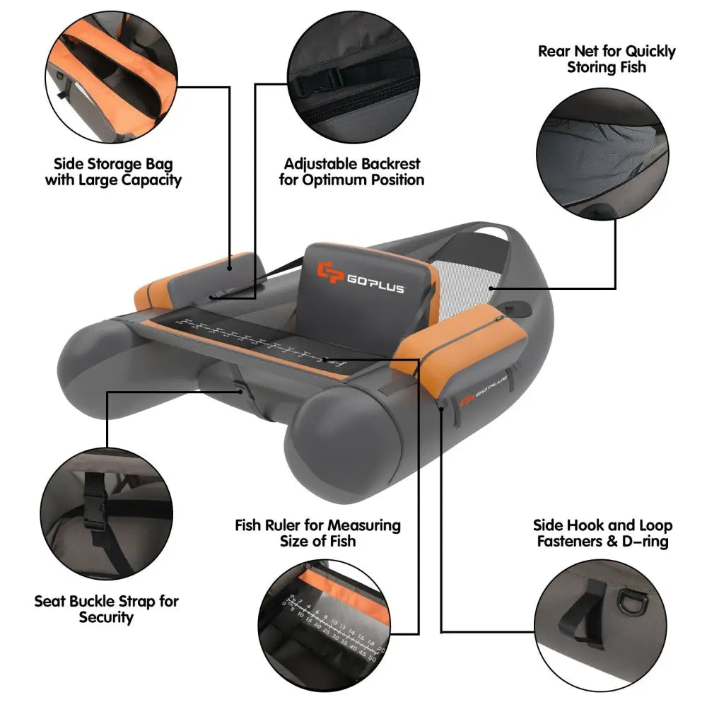 Inflatable Fishing Float Tube with Pump Storage Pockets and Fish Ruler-Gray - Gray - Surfing