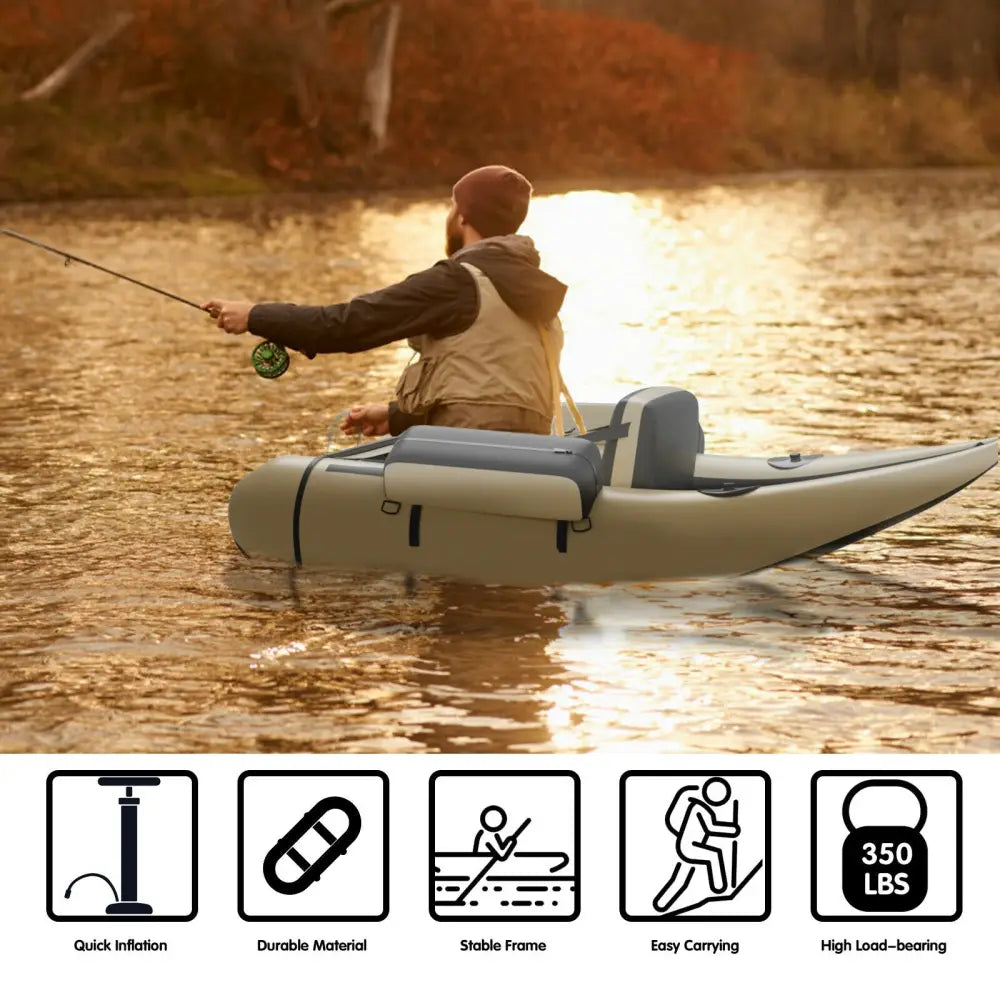 Inflatable Fishing Float Tube with Pump Storage Pockets and Fish Ruler-Beige - Beige - Surfing