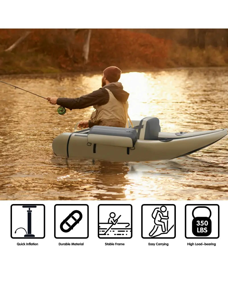 Inflatable Fishing Float Tube with Pump Storage Pockets and Fish Ruler-Beige - Beige - Surfing