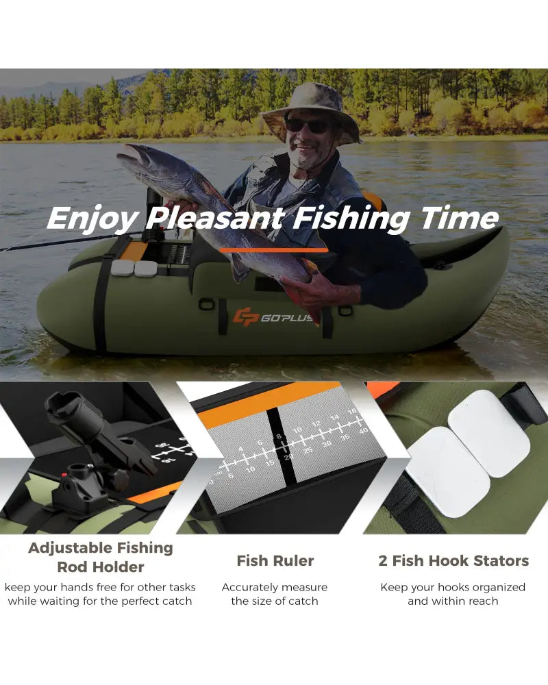 Inflatable Fishing Float Tube with Storage Pockets and Fish Ruler-Green - Green - Surfing