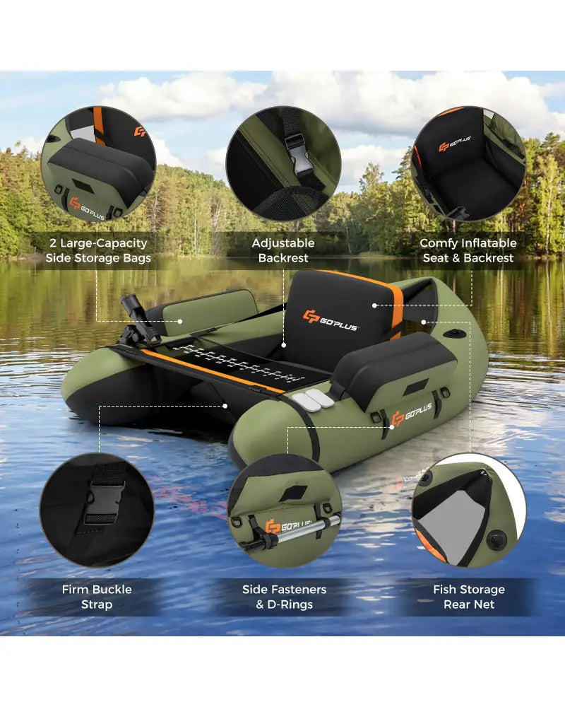 Inflatable Fishing Float Tube with Storage Pockets and Fish Ruler-Green - Green - Surfing