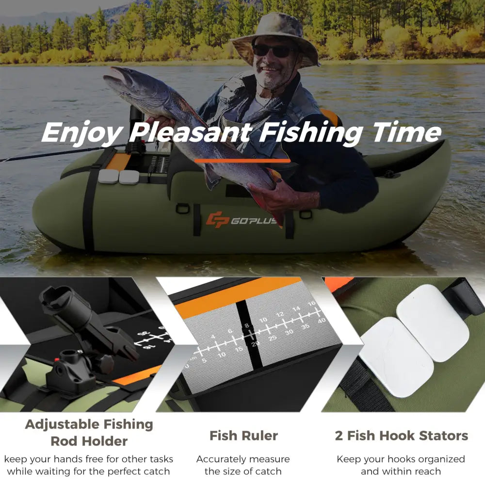 Inflatable Fishing Float Tube with Storage Pockets and Fish Ruler-Green - Green - Surfing