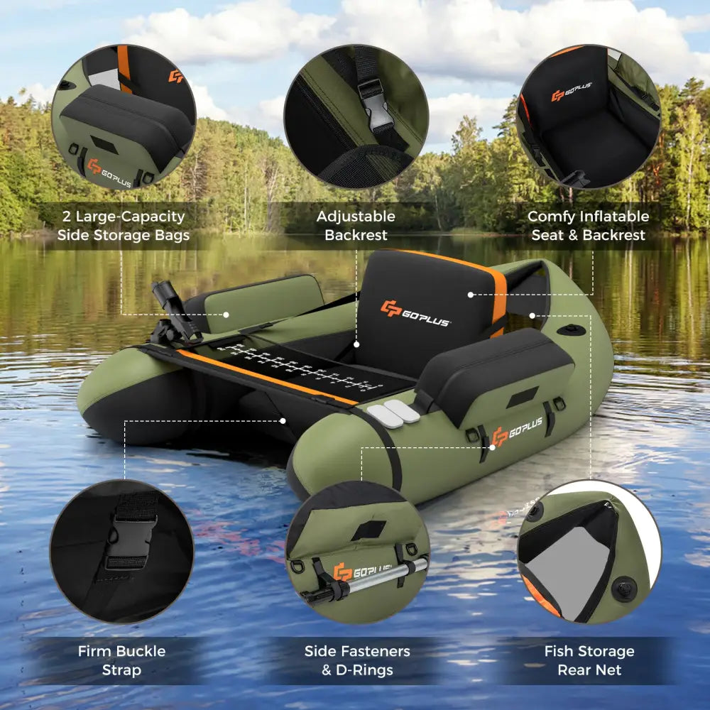 Inflatable Fishing Float Tube with Storage Pockets and Fish Ruler-Green - Green - Surfing