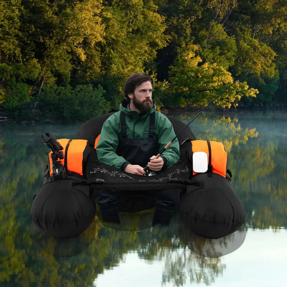 Inflatable Float Tube with Adjustable Fishing Rod Holder and Fish Hook Stator-Orange - Orange - Water Sports