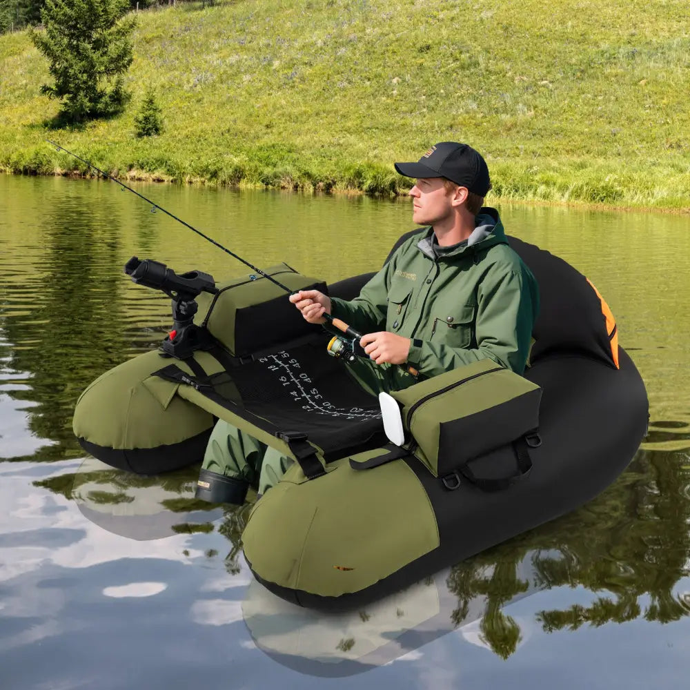 Inflatable Float Tube with Adjustable Fishing Rod Holder and Fish Hook Stator-Green - Green - Water Sports
