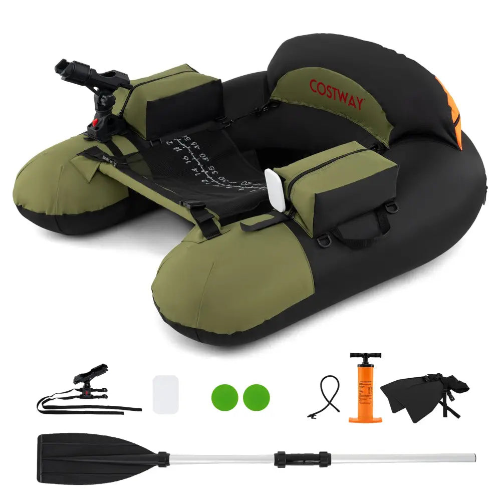 Inflatable Float Tube with Adjustable Fishing Rod Holder and Fish Hook Stator-Green - Green - Water Sports