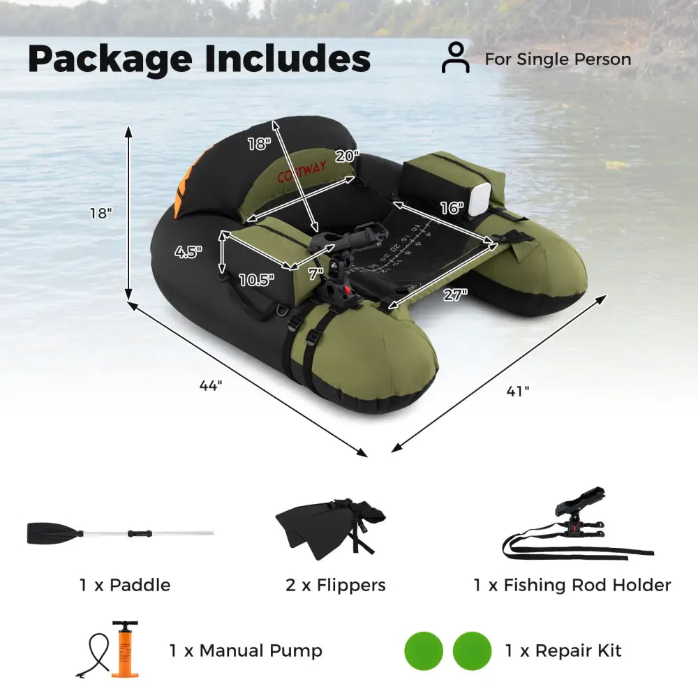 Inflatable Float Tube with Adjustable Fishing Rod Holder and Fish Hook Stator-Green - Green - Water Sports