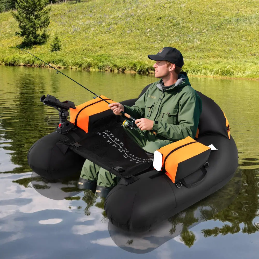 Inflatable Float Tube with Adjustable Fishing Rod Holder and Fish Hook Stator-Orange - Orange - Water Sports