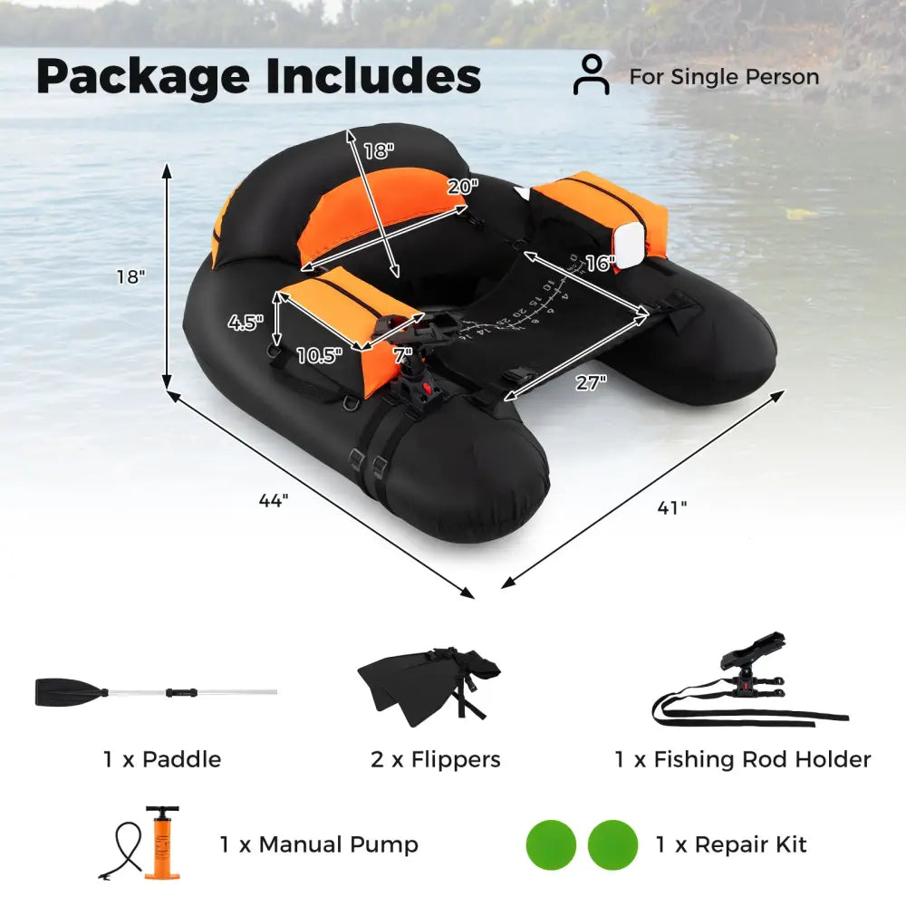 Inflatable Float Tube with Adjustable Fishing Rod Holder and Fish Hook Stator-Orange - Orange - Water Sports