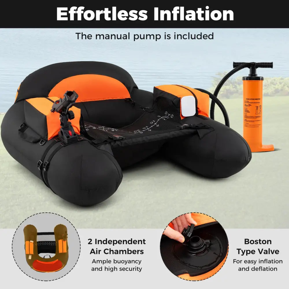 Inflatable Float Tube with Adjustable Fishing Rod Holder and Fish Hook Stator-Orange - Orange - Water Sports