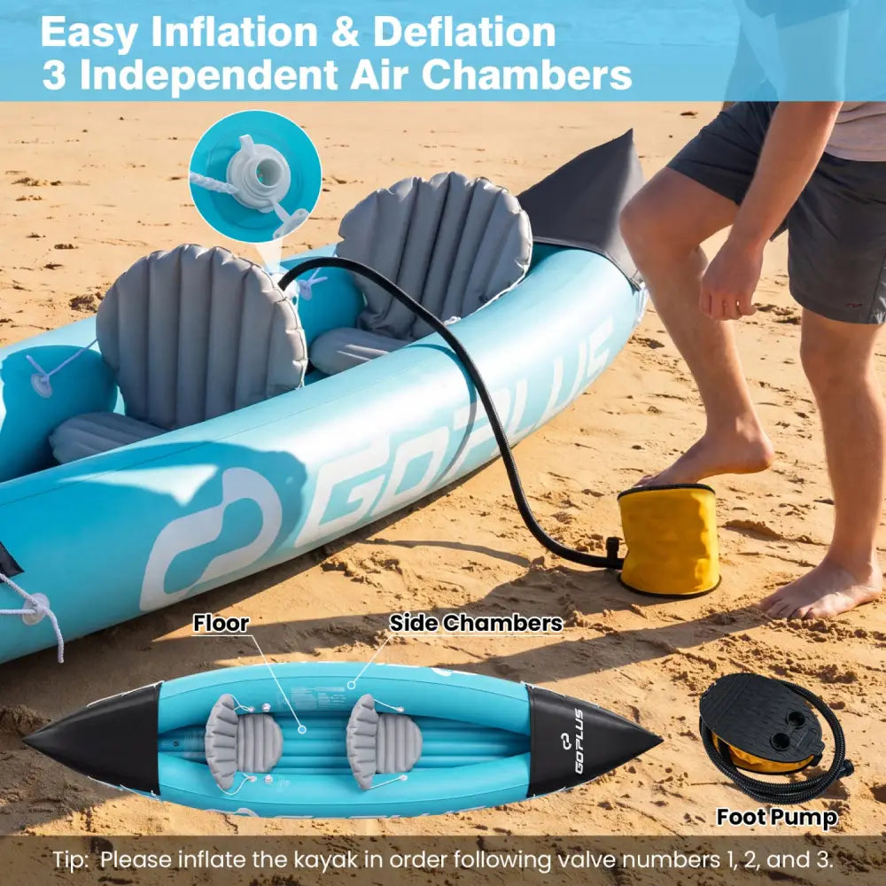 Inflatable Kayak 2 Person Heavy Duty Tandem Touring Kayak with Aluminum Paddles-Blue - Blue - Water Sports