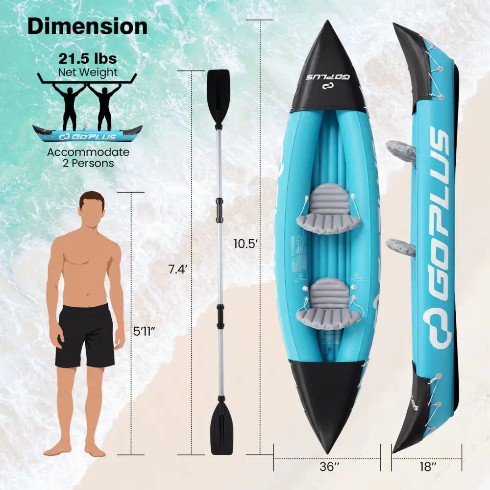 Inflatable Kayak 2 Person Heavy Duty Tandem Touring Kayak with Aluminum Paddles-Blue - Blue - Water Sports