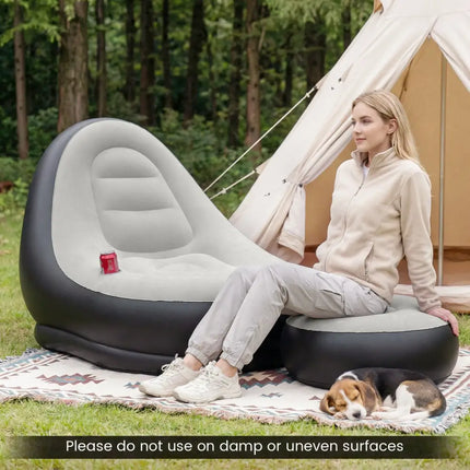Inflatable Lounge Sofa with Ottoman Portable Air Sofa for Adults with Flocked Surface-Grey - Gray - Outdoor Seating &