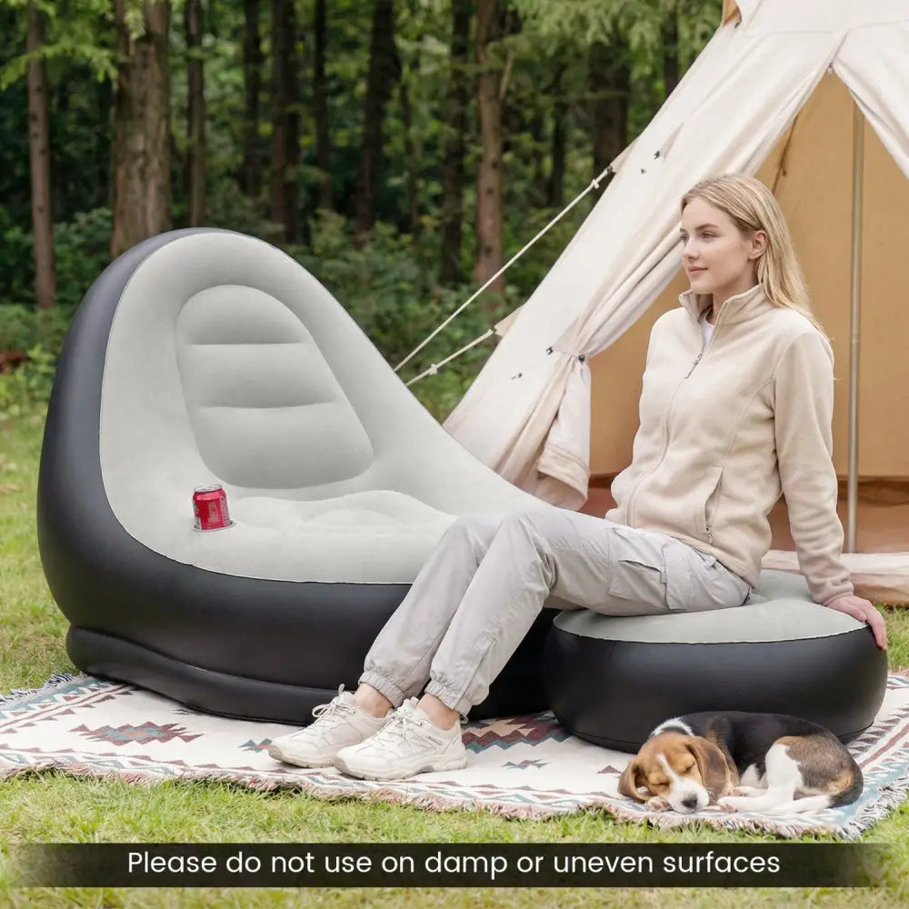 Inflatable Lounge Sofa with Ottoman Portable Air Sofa for Adults with Flocked Surface-Grey - Gray - Outdoor Seating &