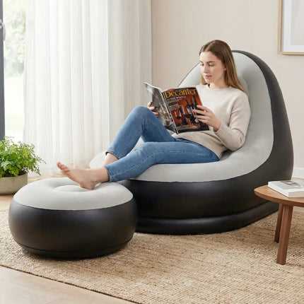 Inflatable Lounge Sofa with Ottoman Portable Air Sofa for Adults with Flocked Surface-Grey - Gray - Outdoor Seating &