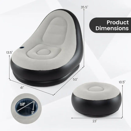 Inflatable Lounge Sofa with Ottoman Portable Air Sofa for Adults with Flocked Surface-Grey - Gray - Outdoor Seating &