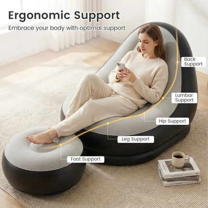 Inflatable Lounge Sofa with Ottoman Portable Air Sofa for Adults with Flocked Surface-Grey - Gray - Outdoor Seating &