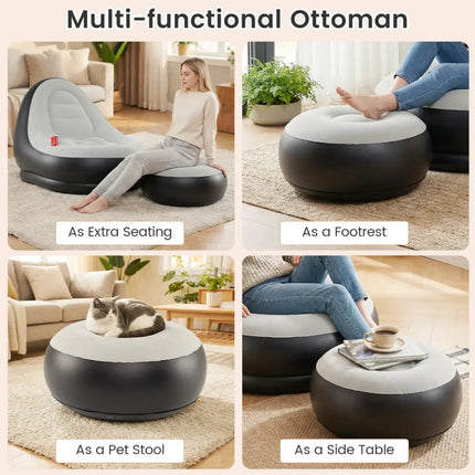 Inflatable Lounge Sofa with Ottoman Portable Air Sofa for Adults with Flocked Surface-Grey - Gray - Outdoor Seating &