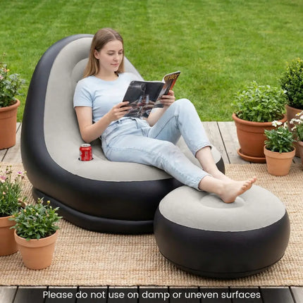 Inflatable Lounge Sofa with Ottoman Portable Air Sofa for Adults with Flocked Surface-Grey - Gray - Outdoor Seating &