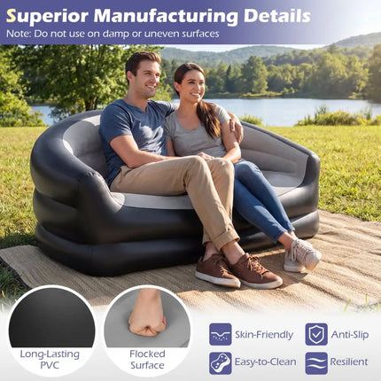 Inflatable Loveseat Couch Portable and Foldable 2-Seater Air Sofa for Adults with Flocked Surface-Grey - Gray - Outdoor