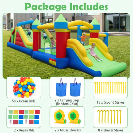 Inflatable Obstacle Course Bounce House with Dual Slides with 2 680W Blower - Multicolor - Bounce House
