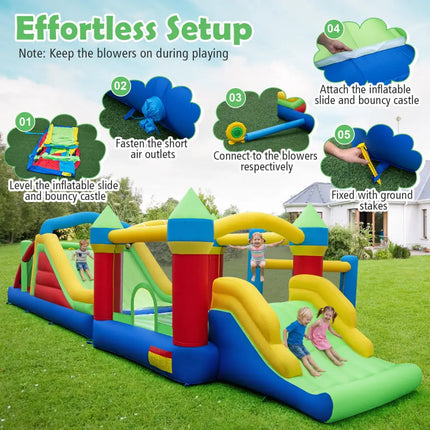 Inflatable Obstacle Course Bounce House with Dual Slides with 2 680W Blower - Multicolor - Bounce House