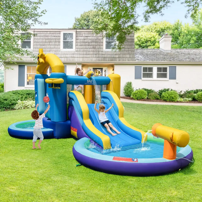 Inflatable Ocean-Themed Bounce House with 680W Blower and 2 Pools - Blue - Inflatable Water Slides