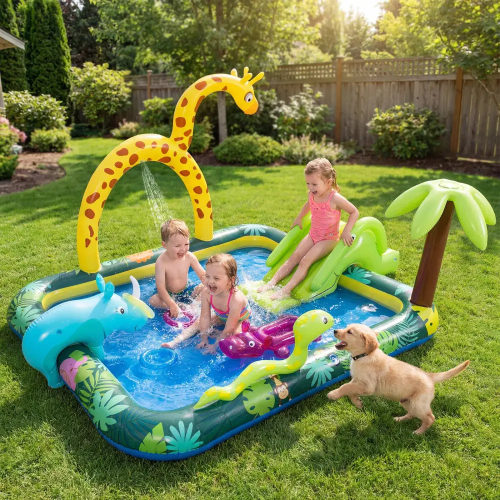 Inflatable Play Center Jungle Animal Spray Pool with Slide Giraffe-shaped Sprinkle - Inflatable Water Slides