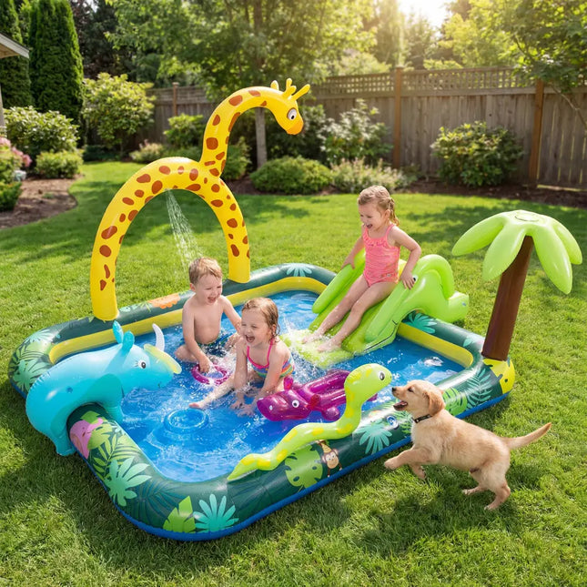 Inflatable Play Center Jungle Animal Spray Pool with Slide Giraffe-shaped Sprinkle - Inflatable Water Slides