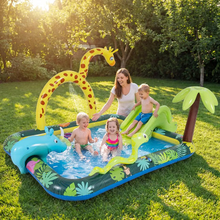 Inflatable Play Center Jungle Animal Spray Pool with Slide Giraffe-shaped Sprinkle - Inflatable Water Slides