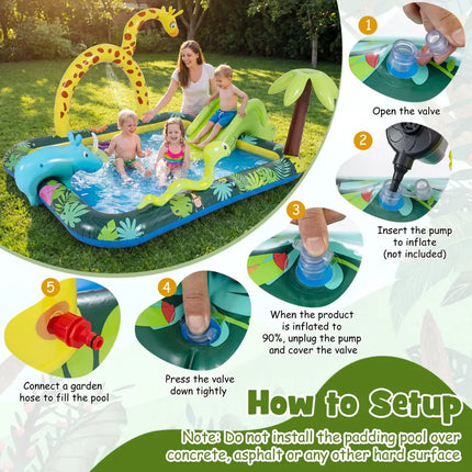 Inflatable Play Center Jungle Animal Spray Pool with Slide Giraffe-shaped Sprinkle - Inflatable Water Slides