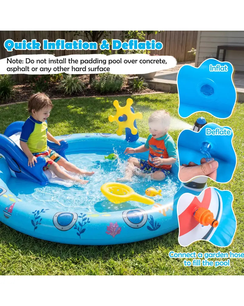 Inflatable Play Center Marine Life Spray Pool with Shark-shaped Slide Lighthouse Sprinkle - Inflatable Water Slides