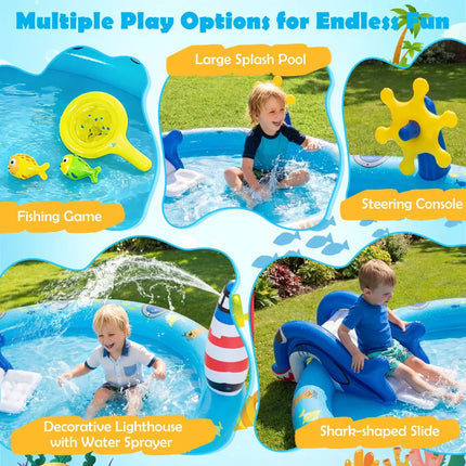 Inflatable Play Center Marine Life Spray Pool with Shark-shaped Slide Lighthouse Sprinkle - Inflatable Water Slides
