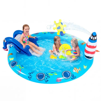 Inflatable Play Center Marine Life Spray Pool with Shark-shaped Slide Lighthouse Sprinkle - Inflatable Water Slides