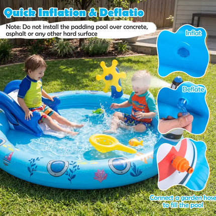 Inflatable Play Center Marine Life Spray Pool with Shark-shaped Slide Lighthouse Sprinkle - Inflatable Water Slides