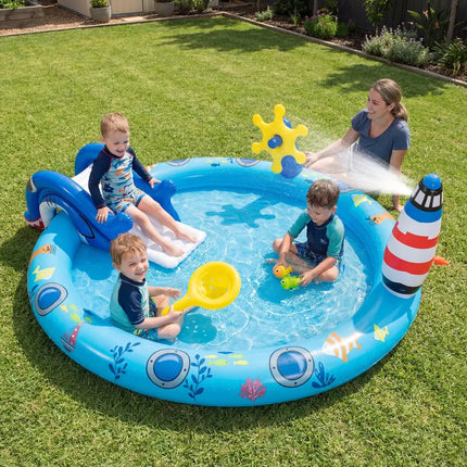 Inflatable Play Center Marine Life Spray Pool with Shark-shaped Slide Lighthouse Sprinkle - Inflatable Water Slides
