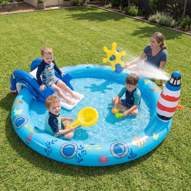 Inflatable Play Center Marine Life Spray Pool with Shark-shaped Slide Lighthouse Sprinkle - Inflatable Water Slides