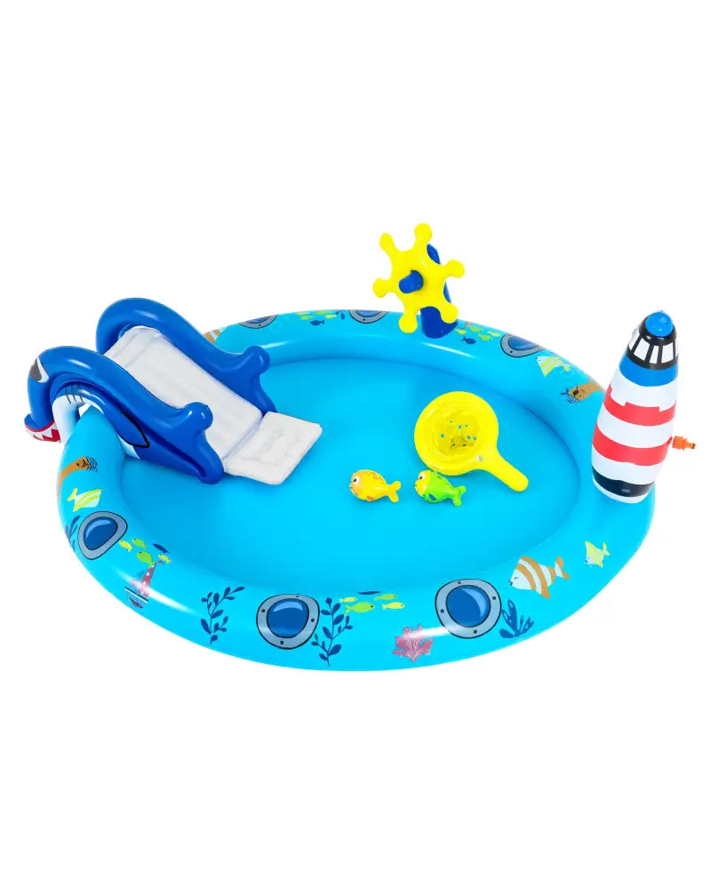 Inflatable Play Center Marine Life Spray Pool with Shark-shaped Slide Lighthouse Sprinkle - Inflatable Water Slides