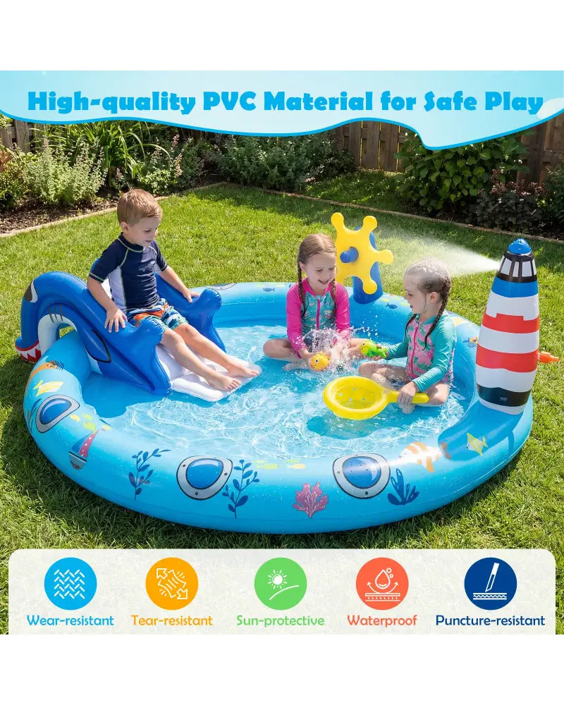Inflatable Play Center Marine Life Spray Pool with Shark-shaped Slide Lighthouse Sprinkle - Inflatable Water Slides