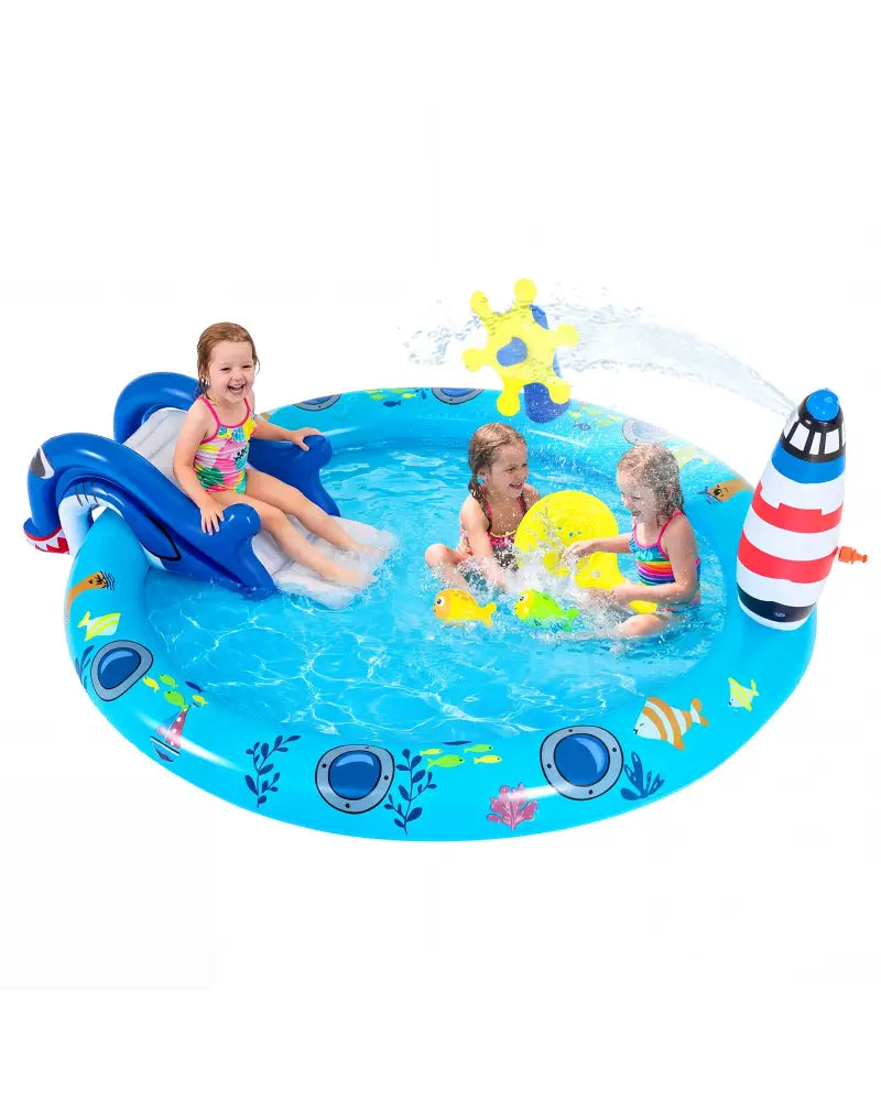 Inflatable Play Center Marine Life Spray Pool with Shark-shaped Slide Lighthouse Sprinkle - Inflatable Water Slides