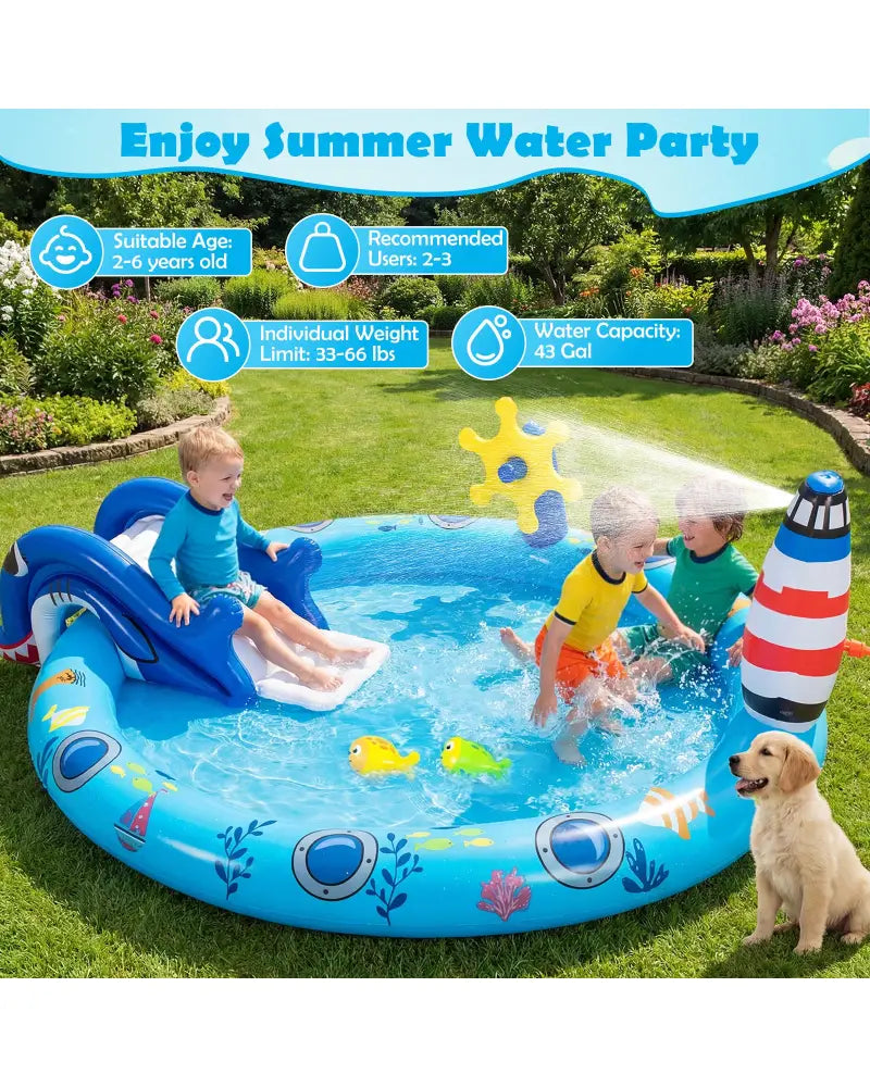Inflatable Play Center Marine Life Spray Pool with Shark-shaped Slide Lighthouse Sprinkle - Inflatable Water Slides