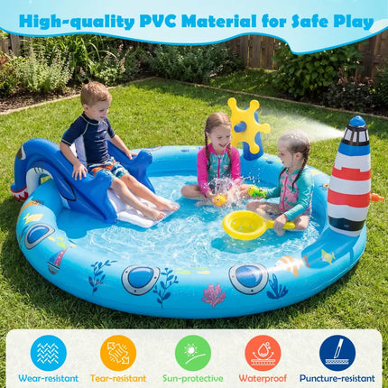 Inflatable Play Center Marine Life Spray Pool with Shark-shaped Slide Lighthouse Sprinkle - Inflatable Water Slides