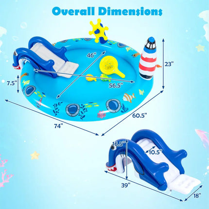 Inflatable Play Center Marine Life Spray Pool with Shark-shaped Slide Lighthouse Sprinkle - Inflatable Water Slides