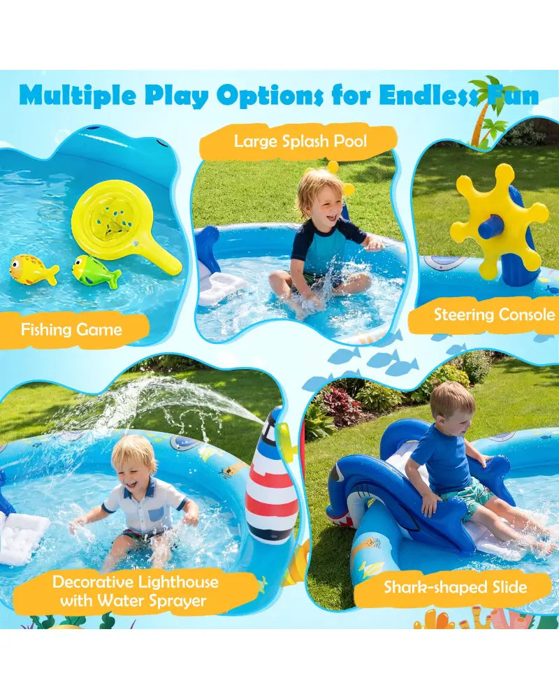 Inflatable Play Center Marine Life Spray Pool with Shark-shaped Slide Lighthouse Sprinkle - Inflatable Water Slides