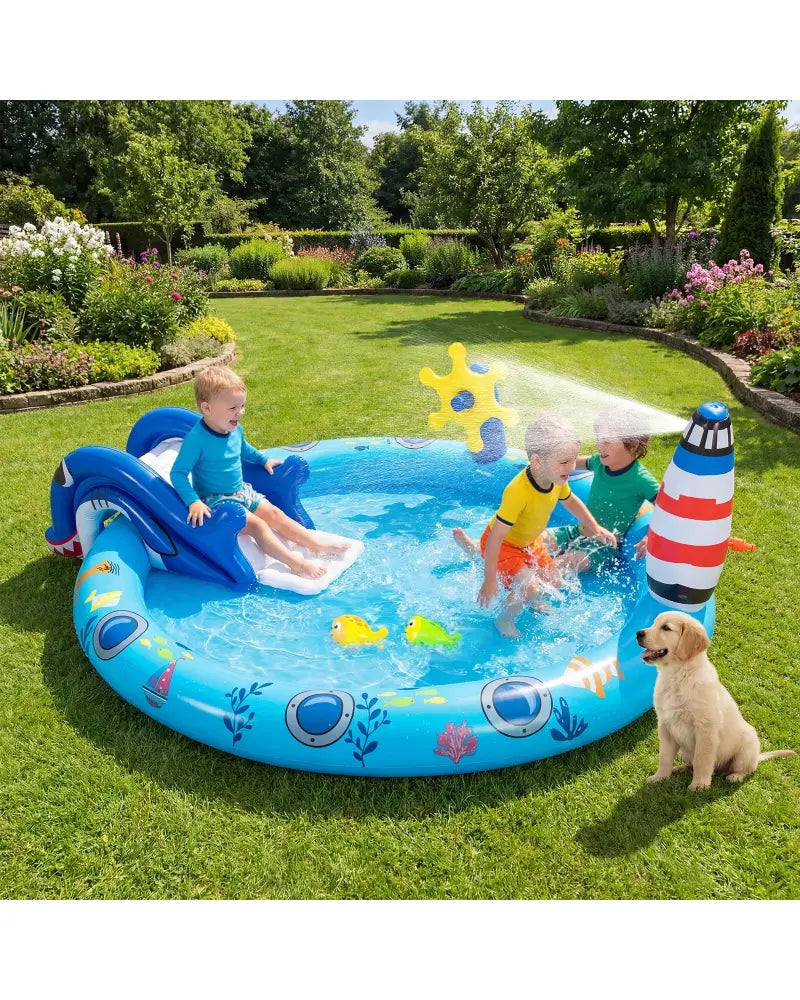 Inflatable Play Center Marine Life Spray Pool with Shark-shaped Slide Lighthouse Sprinkle - Inflatable Water Slides