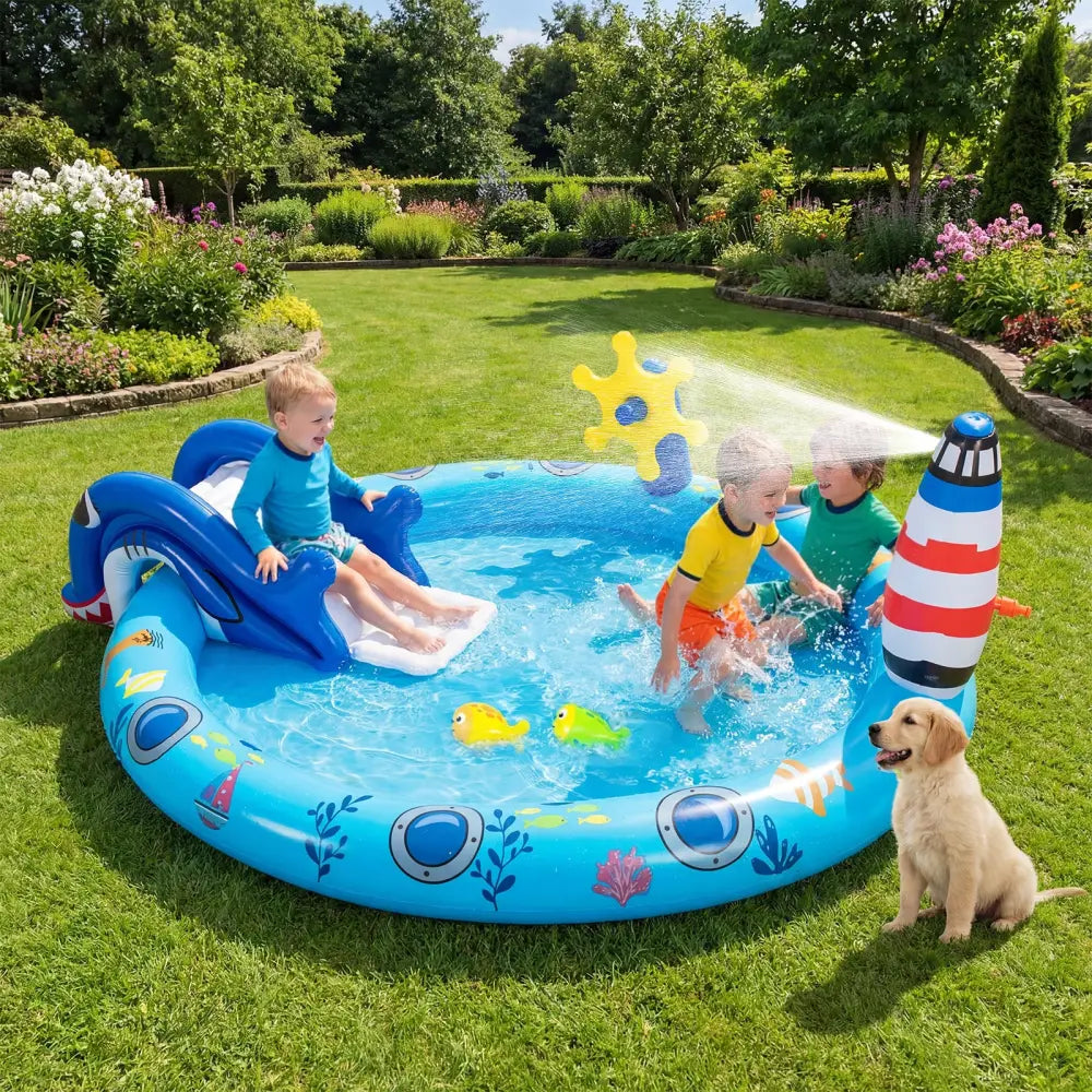 Inflatable Play Center Marine Life Spray Pool with Shark-shaped Slide Lighthouse Sprinkle - Inflatable Water Slides