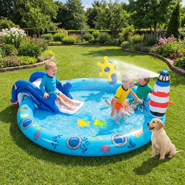 Inflatable Play Center Marine Life Spray Pool with Shark-shaped Slide Lighthouse Sprinkle - Inflatable Water Slides