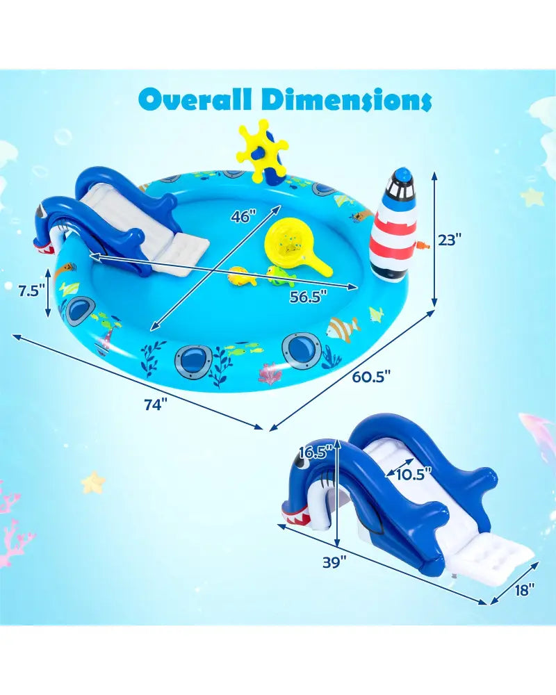 Inflatable Play Center Marine Life Spray Pool with Shark-shaped Slide Lighthouse Sprinkle - Inflatable Water Slides